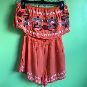 Coral embroidered romper
